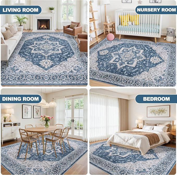 6x9 Area Rugs for Living Room:Blue Washable Vintage Medallion Boho Rug Non-Slip - Image 6
