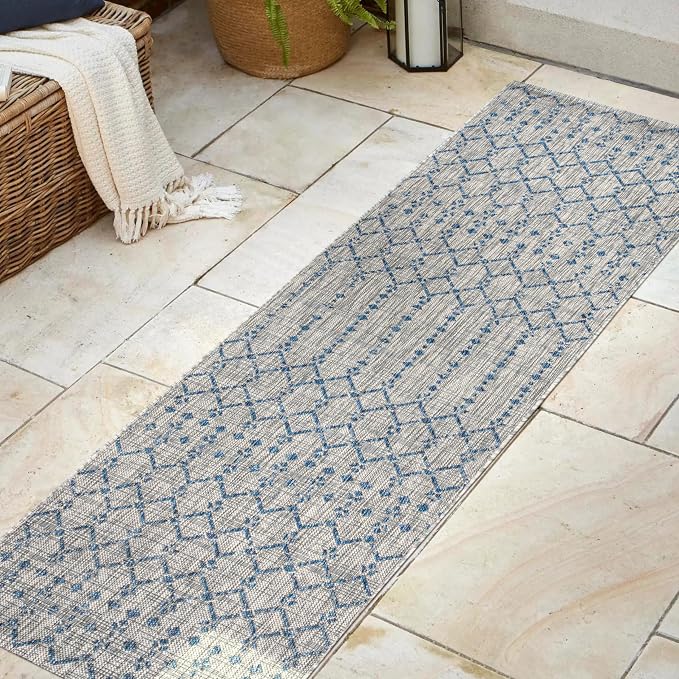 JONATHAN Y Moroccan Geometric Indoor Outdoor Runner Rug 2X8 Light Gray/Navy - Image 3