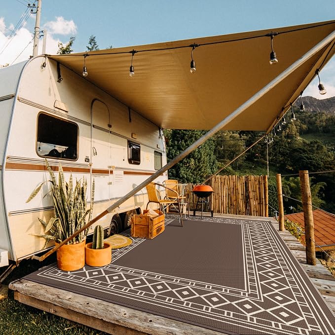 GENIMO Outdoor Rug Waterproof for Patio, Outside Area Mat for Rv, Coffee & Beige - Image 2