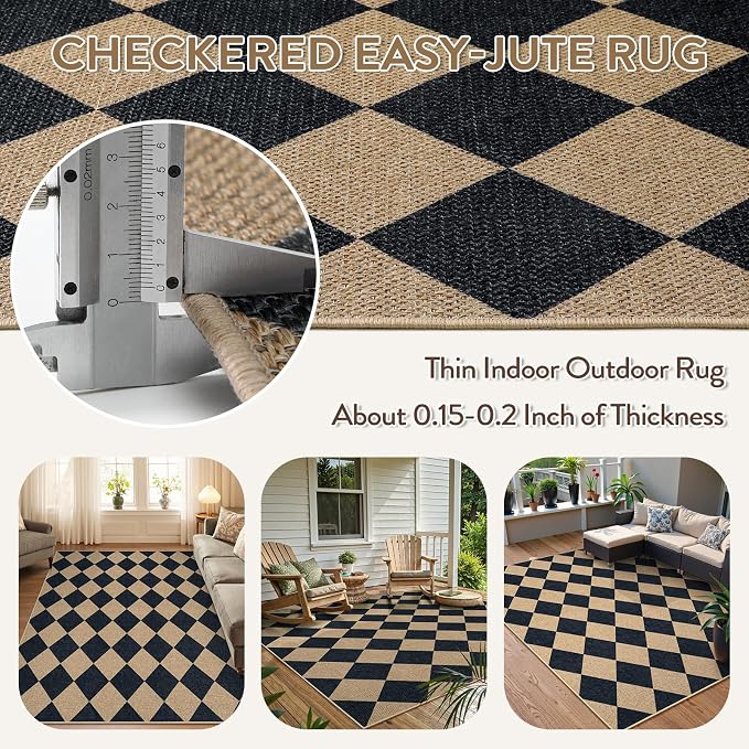 Lahome Checkered Easy Jute 5x7 Area Rugs, Washable Outdoor Patio Rug - Image 5