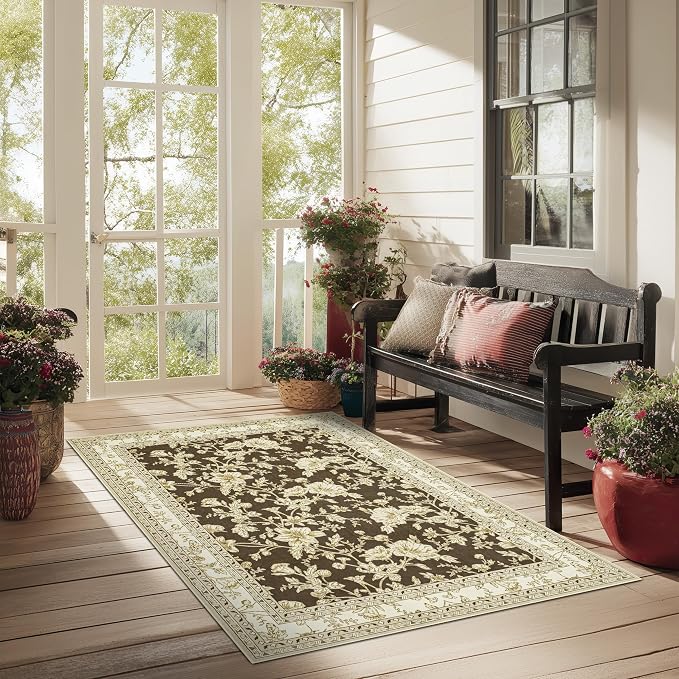 Brown Floral Print Area Rugs for Bedroom Living Room Boho Farmhouse Country - Image 3