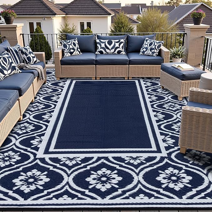 HUGEAR Outdoor Rug 8x10 Patio Camping Carpet Waterproof Mat Blue Outside by HUGEAR