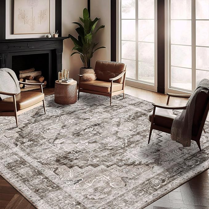 CHAMPLANT Washable Area Rug 10'x14' Deep Khaki Retro Flowers Boho Design by CHAMPLANT