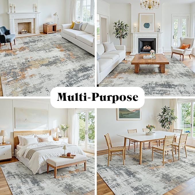 Area Rug 10x14 Living Room Rug Washable: No-Slip Abstract Soft Thin Large Grey - Image 5