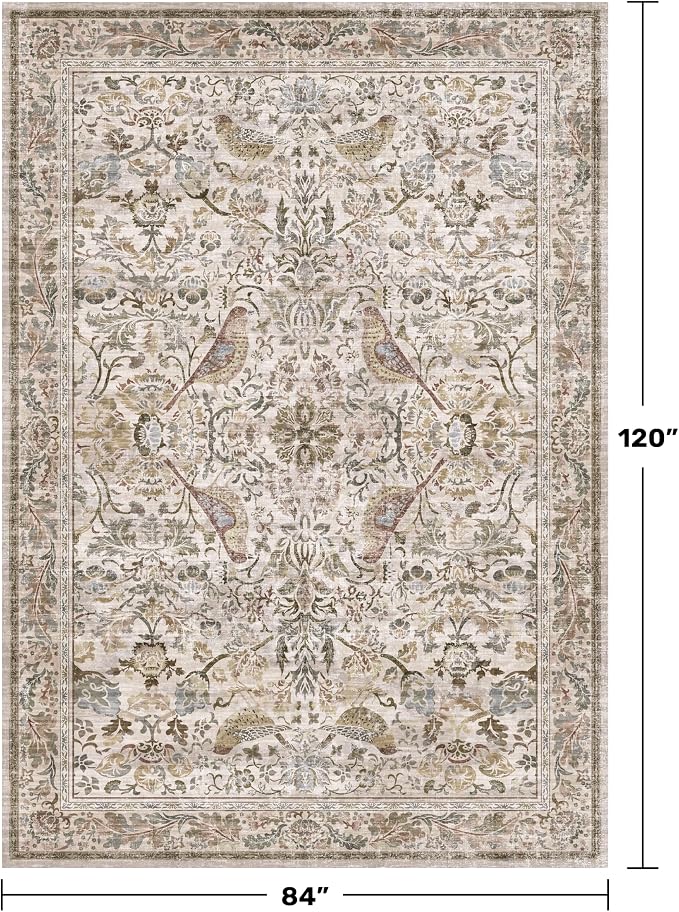 Moss Washable Living Room Rug, 7x10 Floral Area Rug - Image 2