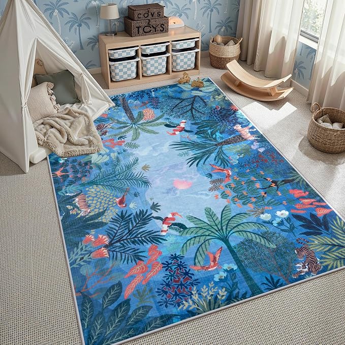 LIVEBOX Washable Jungle Animal Print 5x7 Blue Rug by LIVEBOX