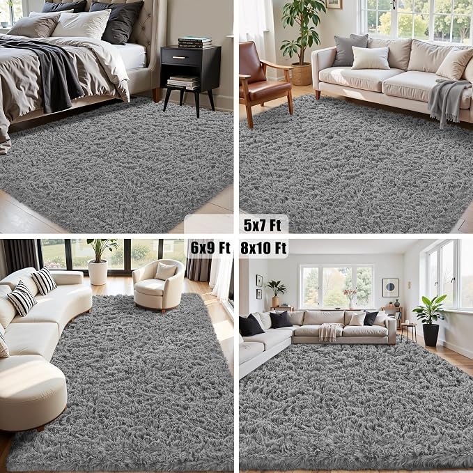 5x8 Area Rug for Living Room:Ultra Soft Fluffy Shag Light Grey Rugs, Large - Image 6