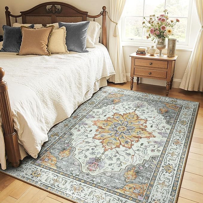 RELEANY Area Rugs 5'x7' Washable Non-Slip, Floral Vintage Distress Medallion - Image 2