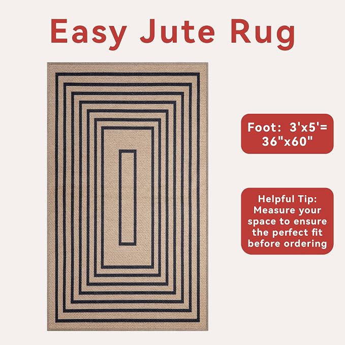 Tangsoo Easy Jute 3x5 Area Rug for Living Room, Non-Slip Black Thin Indoor - Image 3