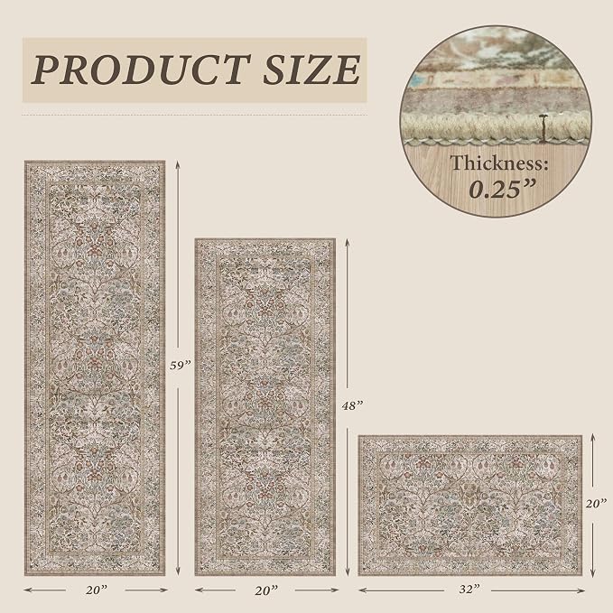 JTJ Washable Kitchen Rug Set of 3, Non-Slip Low Pile Mats in Calming Neutral - Image 2