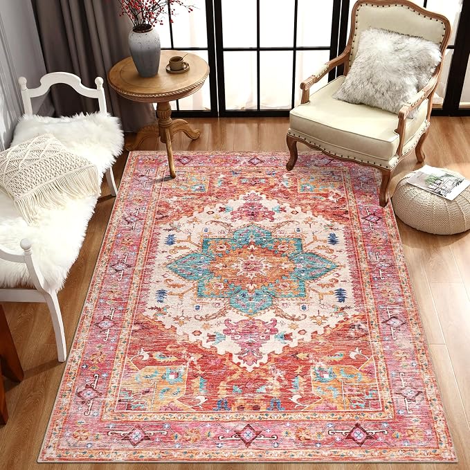Yamaziot Washable Area Rug, 4x6 Non-Slip Boho Vintage Living Room Bedroom Rug - Image 7