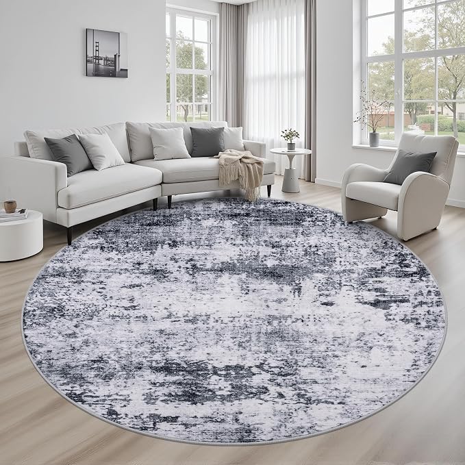 Round Area Rug for Living Room: 8 ft Washable Modern Abstract Soft Thin Rug by FXRHLP