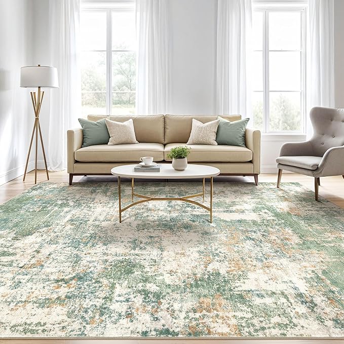 12x18 Area Rug Living Room: Washable Large Abstract Soft Green Rug Stain - Image 5