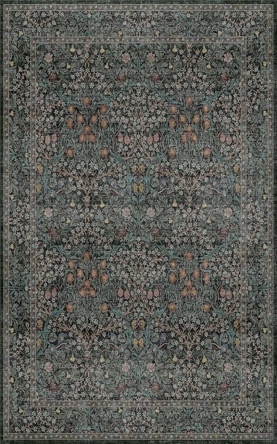 Washable Vintage 5x8 Living Room Rug, Dark Green Floral Area Rug - Image 3