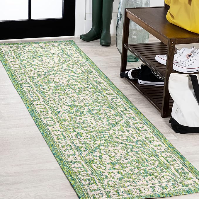 JONATHAN Y Boho Medallion Indoor Outdoor Runner Rug 2X8 Cream/Green, Malta by JONATHANY
