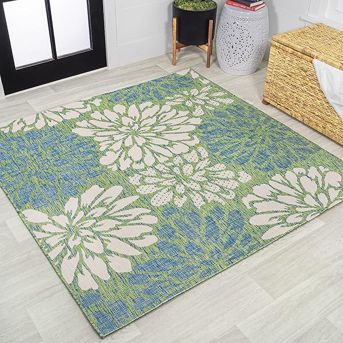 JONATHAN Y Floral Textured Weave Indoor Outdoor Square Area Rug 5X5 Cream/Green by JONATHANY