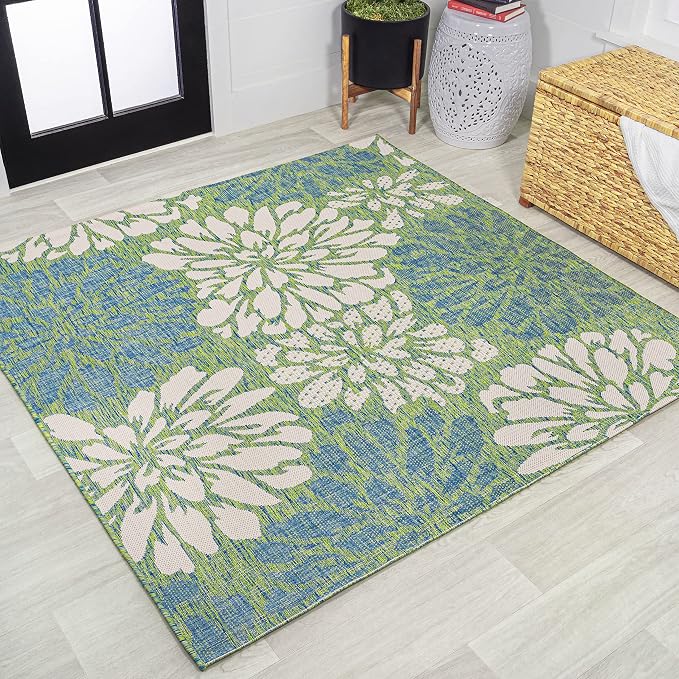 JONATHAN Y Floral Textured Weave Indoor Outdoor Square Area Rug 4X4 Cream/Green by JONATHANY