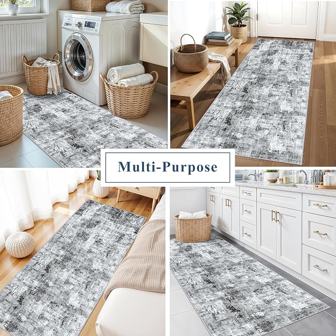 3x7 Washable Non-Slip Kitchen Runner Rug – Modern Abstract Neutral Beige & Gray - Image 4