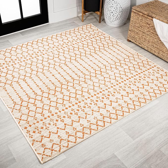 JONATHAN Y Moroccan Geometric Indoor Outdoor Square Area Rug 5X5 Cream/Orange by JONATHANY