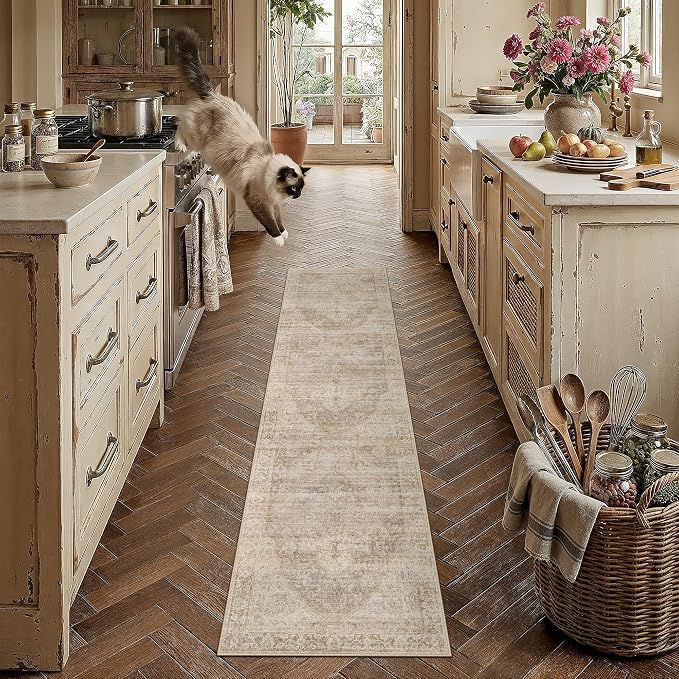2x8 Washable Neutral Runner Rug Beige Vintage Hallway Kitchen Carpet Non-Slip by WondRg