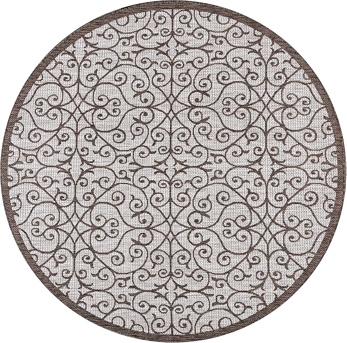 JONATHAN Y Vintage Filigree Indoor Outdoor Round Area Rug 8 Ft Taupe/Espresso - Image 9
