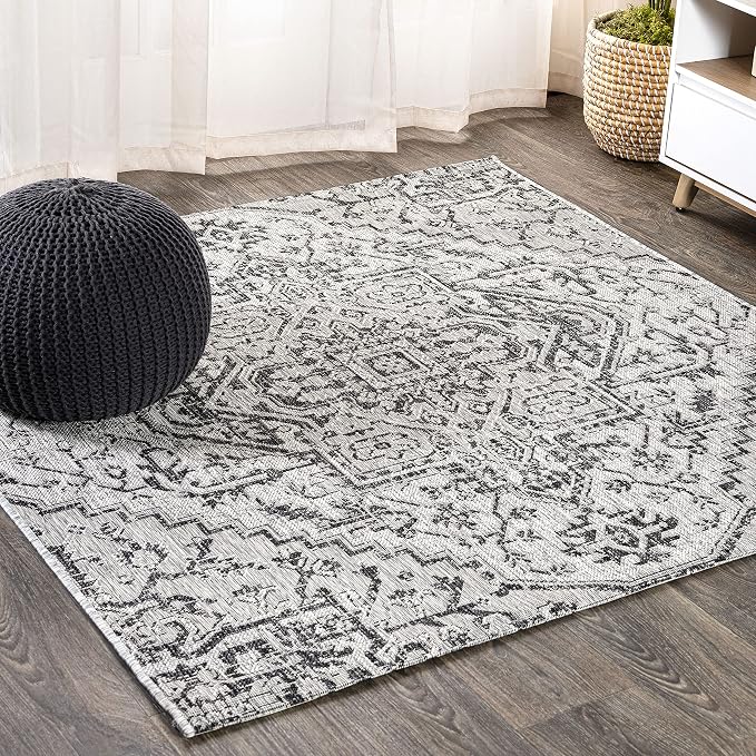 JONATHAN Y Boho Medallion Indoor Outdoor Square Area Rug 9X9 Black/Gray by JONATHANY