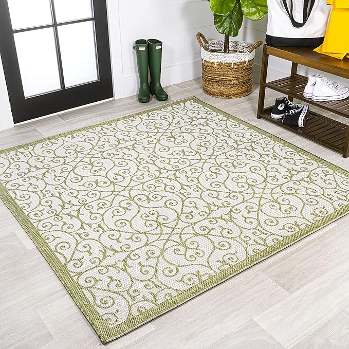 JONATHAN Y Vintage Filigree Indoor Outdoor Square Area Rug 5X5 Green/Cream by JONATHANY