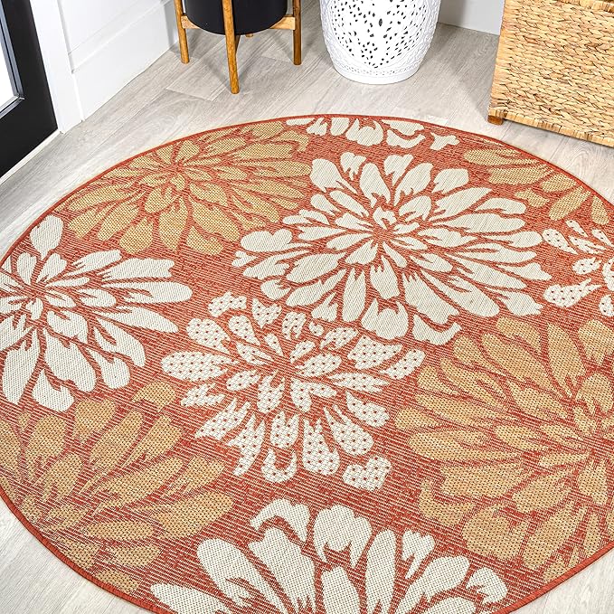 JONATHAN Y Floral Textured Weave Indoor Outdoor Round Area Rug 5 Ft Orange/Cream by JONATHANY