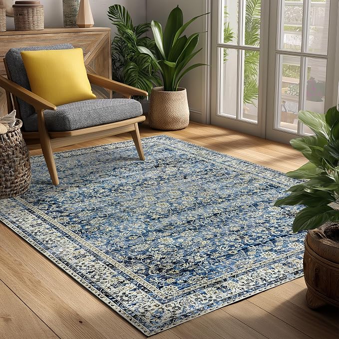 Machine Washable Area Rugs 4x6 Blue Low Pile Soft Carpet by BILEEHOME
