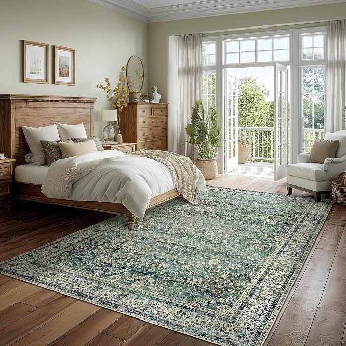 Dark Green Area Rugs 8x10 for Living Room Washable Non Slip Low Pile Blue and - Image 5