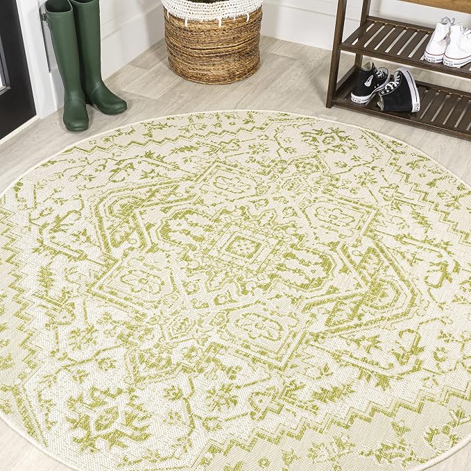 JONATHAN Y Boho Medallion Indoor Outdoor Round Area Rug 5 Ft Cream/Green by JONATHANY