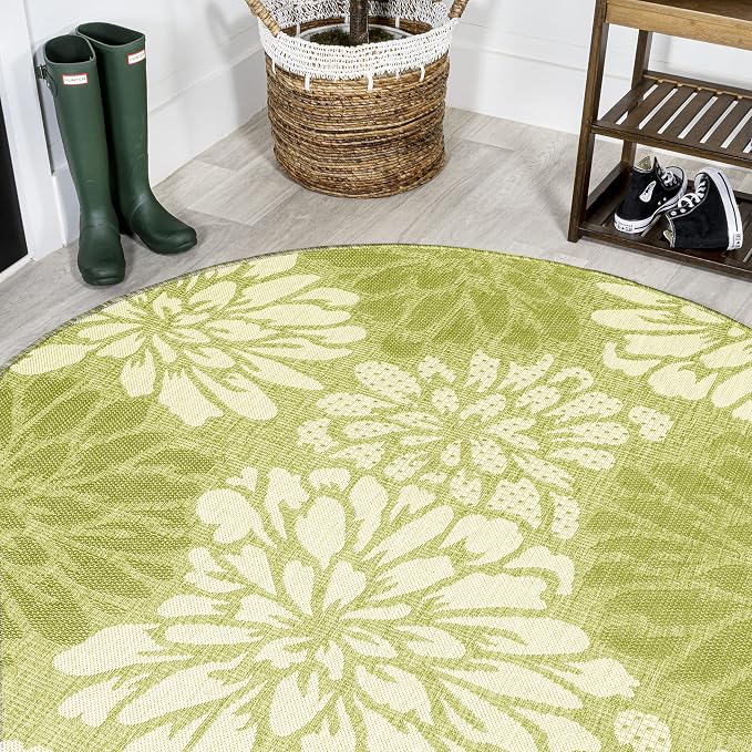 JONATHAN Y Floral Textured Weave Indoor Outdoor Round Area Rug 5 Ft Green/Cream by JONATHANY