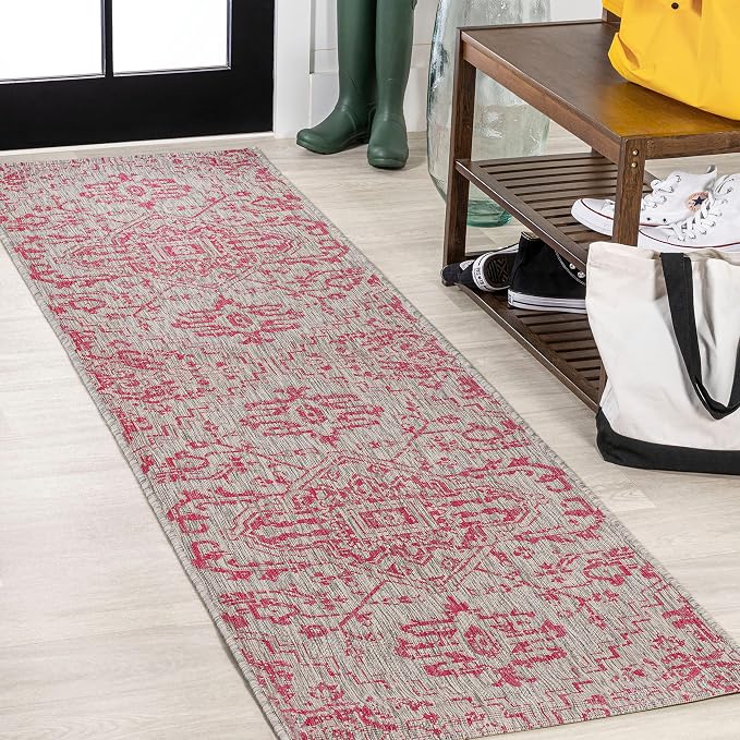 JONATHAN Y Boho Medallion Indoor Outdoor Runner Rug 2X8 Light Gray/Fuchsia by JONATHANY