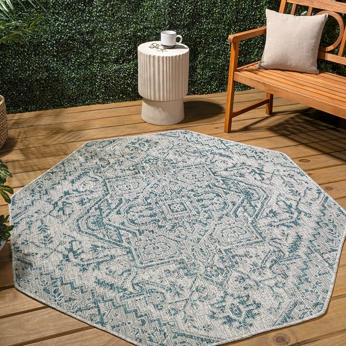 JONATHAN Y Boho Medallion Indoor Outdoor Octagon Area Rug 8 Ft Teal/Gray - Image 3