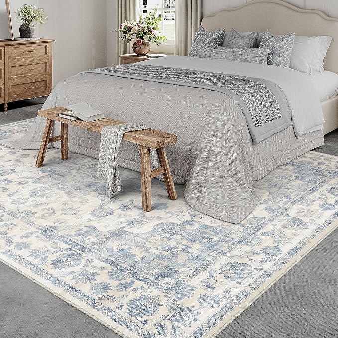 8x10 Washable Neutral Area Rug Blue Vintage Living Room Bedroom Carpet Non-Slip - Image 2
