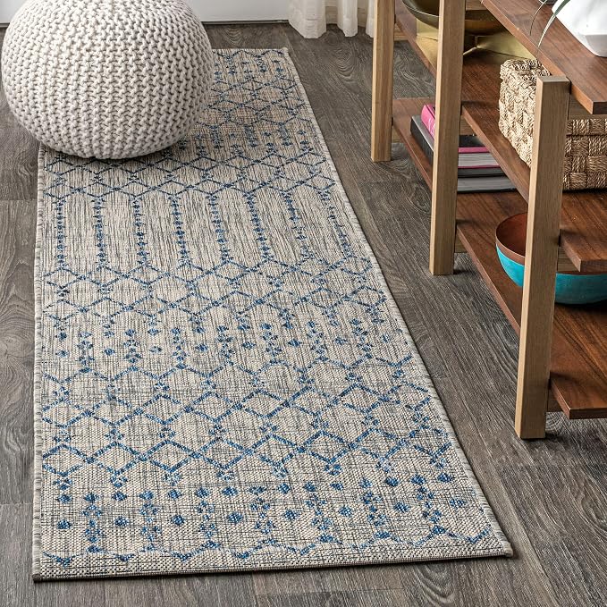 JONATHAN Y Moroccan Geometric Indoor Outdoor Runner Rug 2X14 Light Gray/Navy by JONATHANY