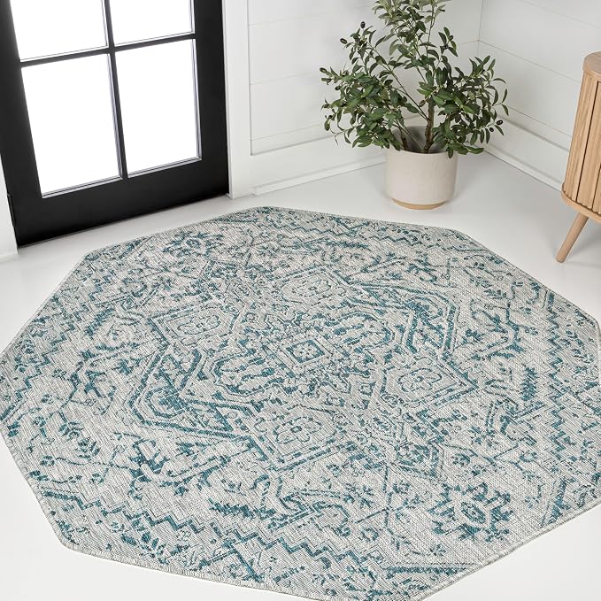 JONATHAN Y Boho Medallion Indoor Outdoor Octagon Area Rug 8 Ft Teal/Gray by JONATHANY
