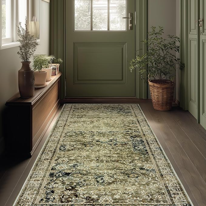 Boho Washable Runner Rug for Kitchen, Non Slip Rubber Backing Non Skid Oriental by BILEEHOME
