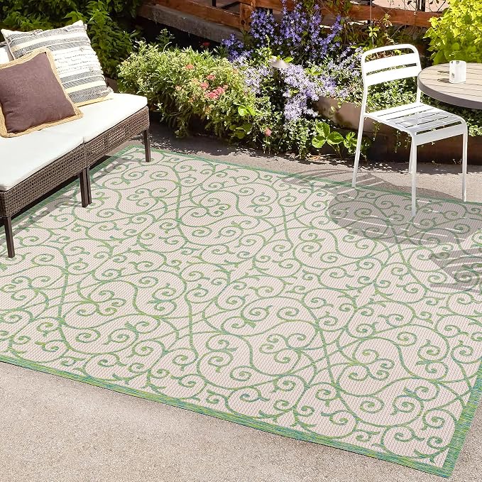JONATHAN Y Vintage Filigree Indoor Outdoor Area Rug 5X8 Cream/Green, Madrid - Image 4