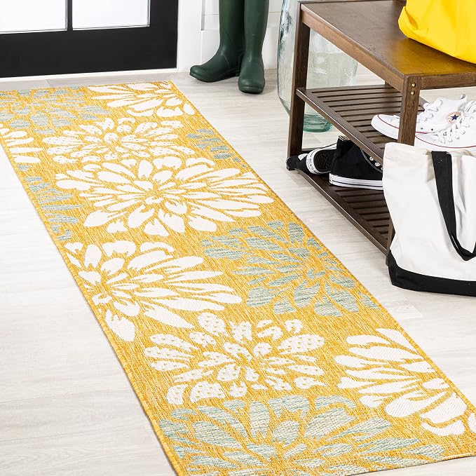 JONATHAN Y Floral Textured Weave Indoor Outdoor Runner Rug 2X10 Yellow/Cream by JONATHANY