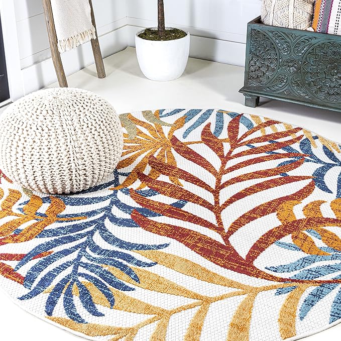 JONATHAN Y Tropics Palm Leaves Indoor Outdoor Round Area Rug 6 Ft Cream/Orange by JONATHANY