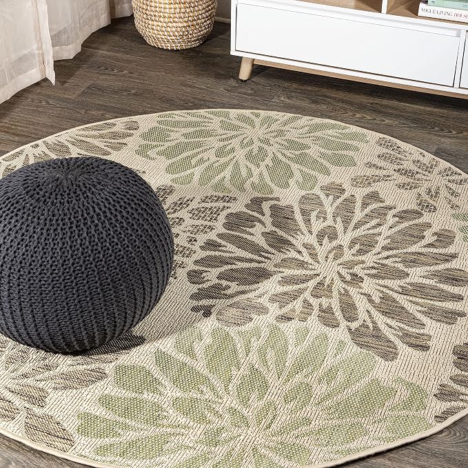 JONATHAN Y Floral Textured Weave Indoor Outdoor Round Area Rug 6 Ft Sage/Brown by JONATHANY