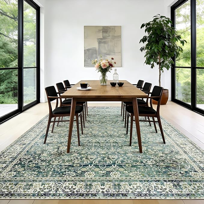 Dark Green Area Rugs 8x10 for Living Room Washable Non Slip Low Pile Blue and - Image 8