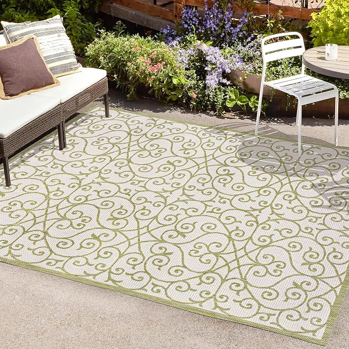 JONATHAN Y Vintage Filigree Indoor Outdoor Area Rug 5X8 Green/Cream, Madrid - Image 4