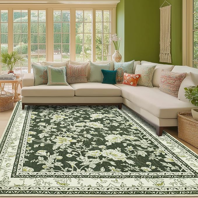 Olive Green Floral Print Area Rugs - Image 8