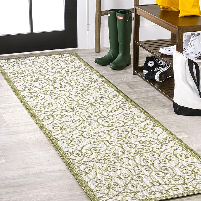 JONATHAN Y Vintage Filigree Indoor Outdoor Runner Rug 2X10 Green/Cream by JONATHANY