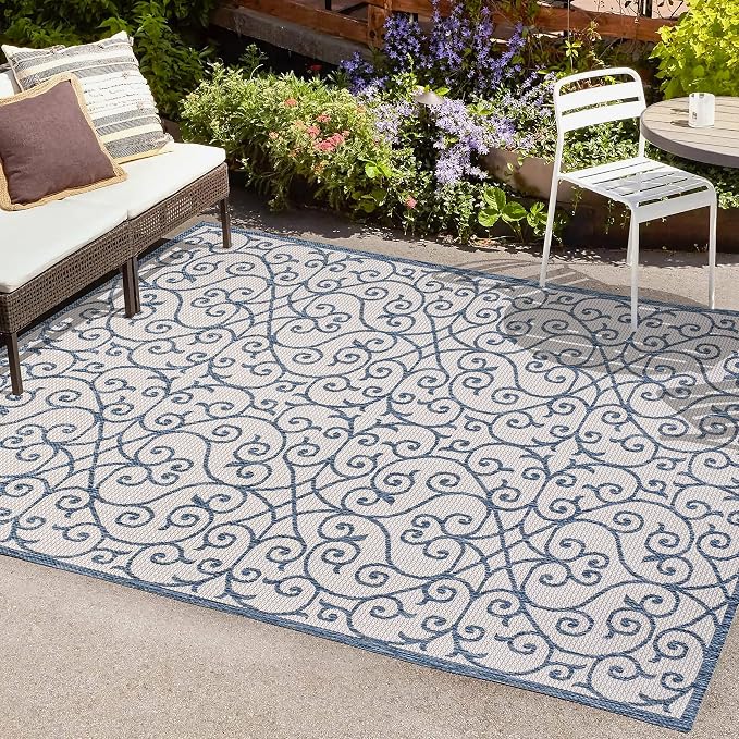 JONATHAN Y Vintage Filigree Indoor Outdoor Area Rug 8X10 Blue/Cream, Madrid - Image 3