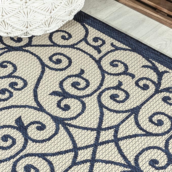 JONATHAN Y Vintage Filigree Indoor Outdoor Round Area Rug 5 Ft Navy/Beige - Image 3