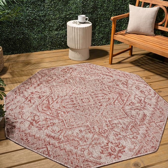 JONATHAN Y Boho Medallion Indoor Outdoor Octagon Area Rug 8 Ft Red/Taupe - Image 3