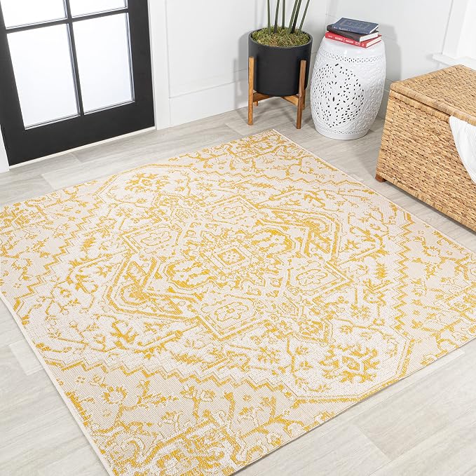 JONATHAN Y Boho Medallion Indoor Outdoor Square Area Rug 5X5 Cream/Yellow by JONATHANY